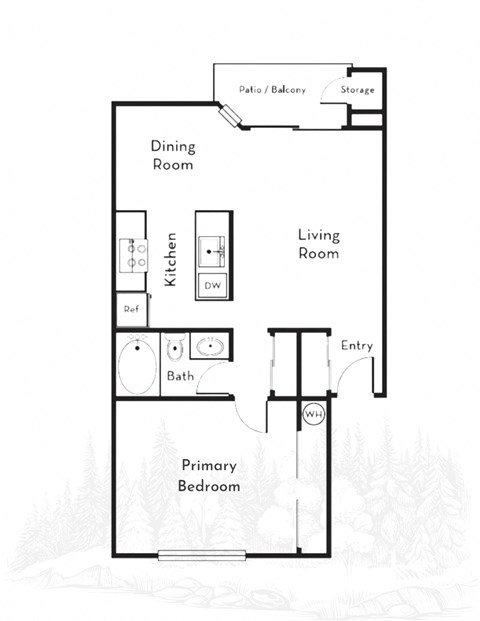Floor plan for 1 bed, 1 bath, 740 sqft